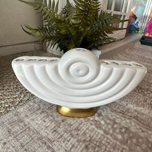 White & Gold ceramic Menorah 10” wide Hanukkah
